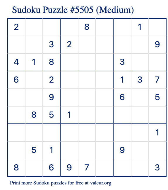 Free Printable Medium Sudoku Puzzle number 5505