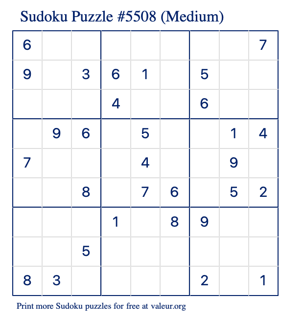 Free Printable Medium Sudoku Puzzle number 5508