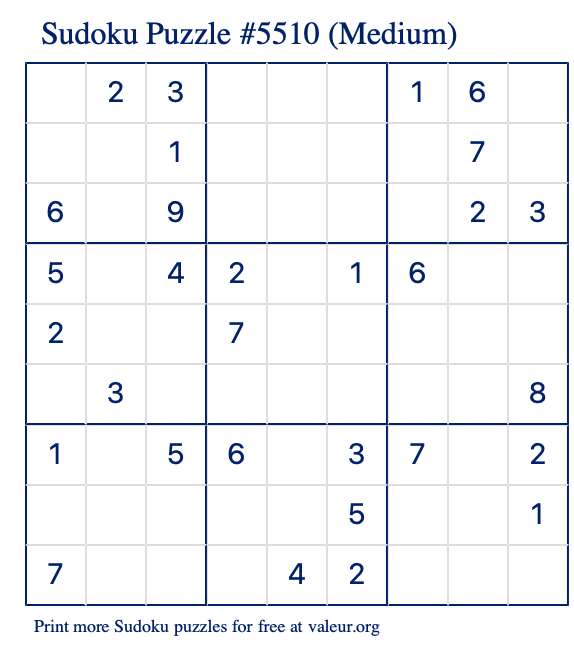 Free Printable Medium Sudoku Puzzle number 5510