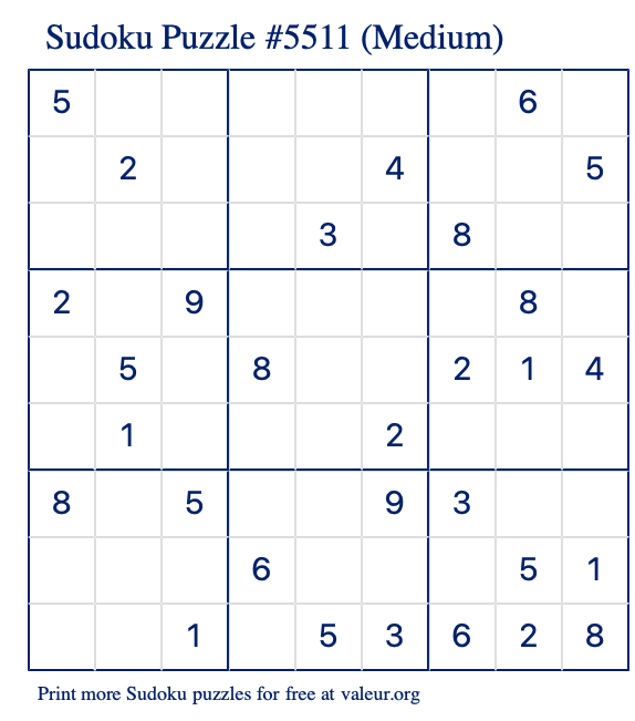 Free Printable Medium Sudoku Puzzle number 5511