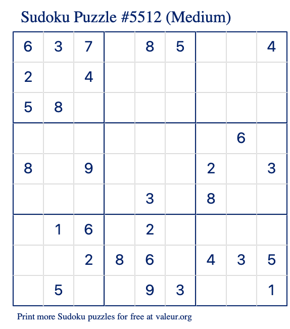 Free Printable Medium Sudoku Puzzle number 5512