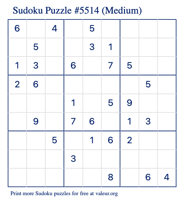 Free Printable Medium Sudoku Puzzle number 5514