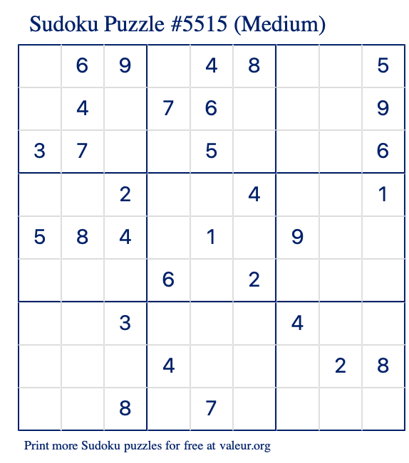 Free Printable Medium Sudoku Puzzle number 5515