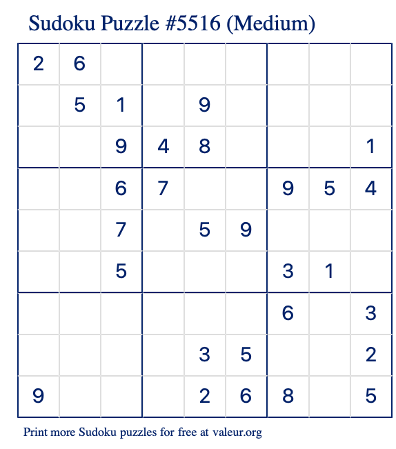 Free Printable Medium Sudoku Puzzle number 5516