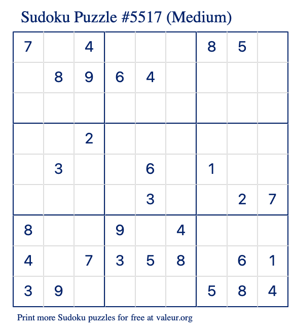 Free Printable Medium Sudoku Puzzle number 5517