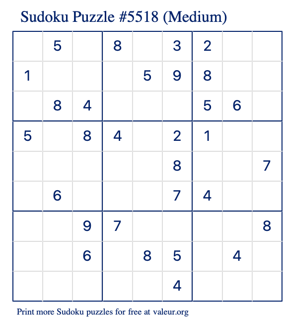 Free Printable Medium Sudoku Puzzle number 5518