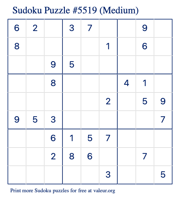 Free Printable Medium Sudoku Puzzle number 5519