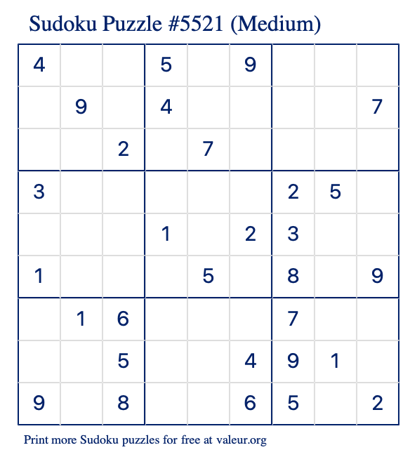 Free Printable Medium Sudoku Puzzle number 5521