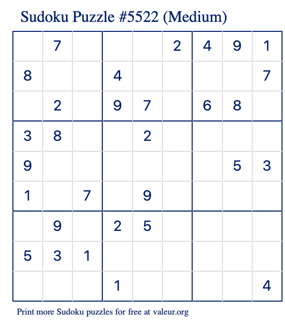 Free Printable Medium Sudoku Puzzle number 5522