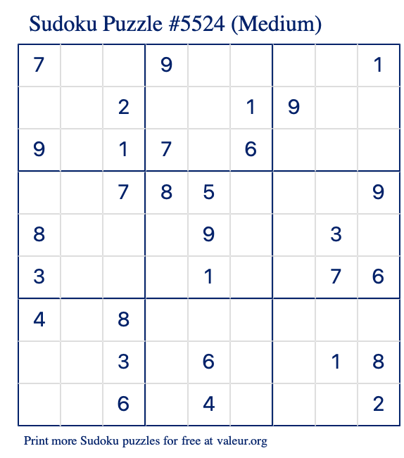 Free Printable Medium Sudoku Puzzle number 5524