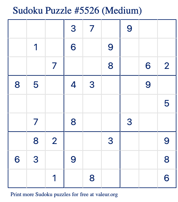 Free Printable Medium Sudoku Puzzle number 5526