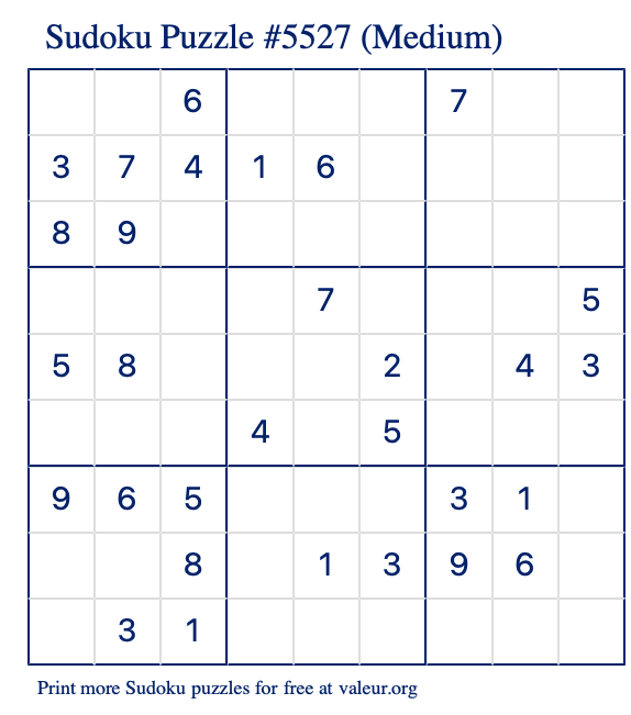 Free Printable Medium Sudoku Puzzle number 5527