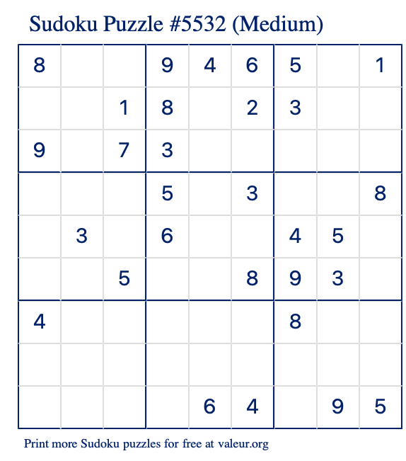 Free Printable Medium Sudoku Puzzle number 5532