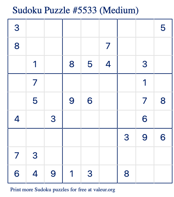 Free Printable Medium Sudoku Puzzle number 5533