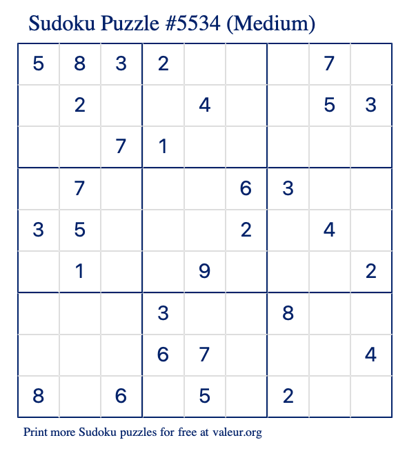 Free Printable Medium Sudoku Puzzle number 5534