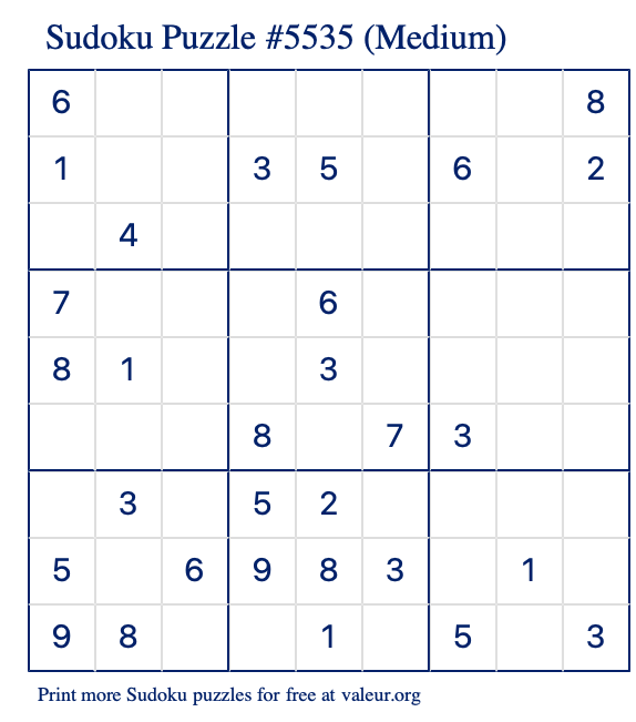 Free Printable Medium Sudoku Puzzle number 5535