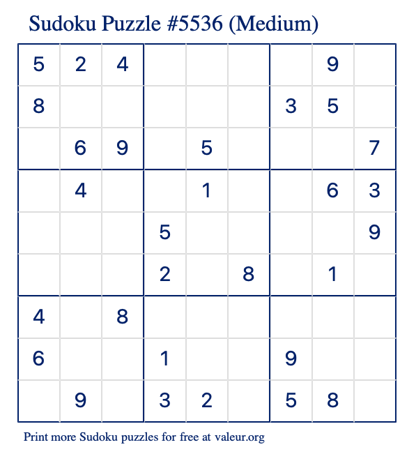 Free Printable Medium Sudoku Puzzle number 5536