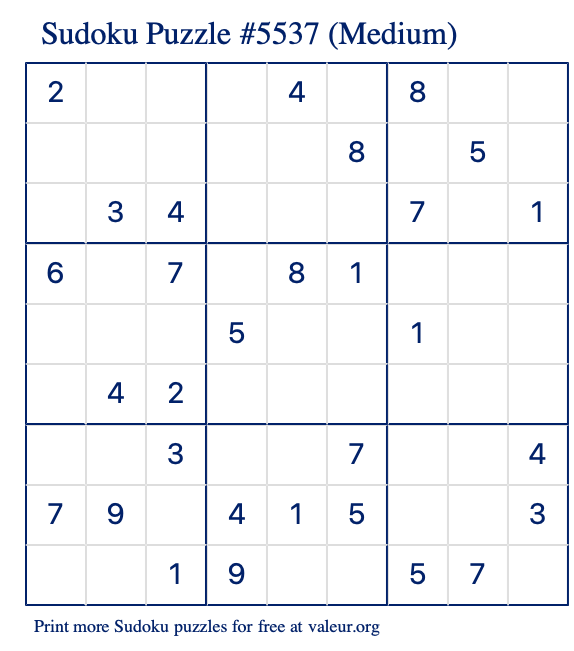 Free Printable Medium Sudoku Puzzle number 5537