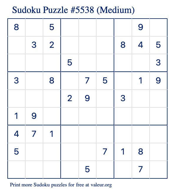 Free Printable Medium Sudoku Puzzle number 5538