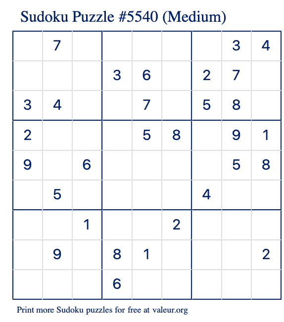 Free Printable Medium Sudoku Puzzle number 5540