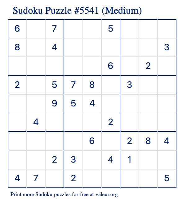 Free Printable Medium Sudoku Puzzle number 5541