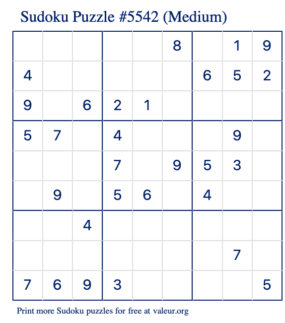 Free Printable Medium Sudoku Puzzle number 5542