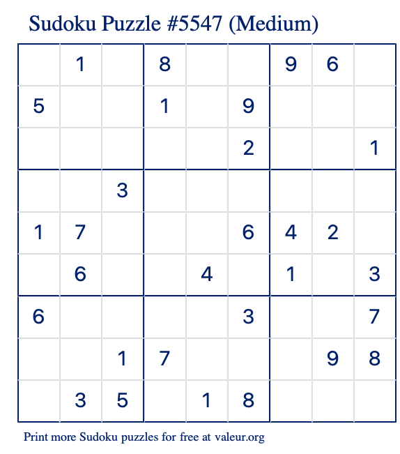 Free Printable Medium Sudoku Puzzle number 5547