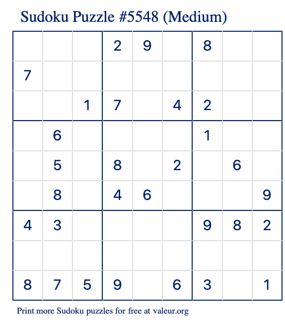 Free Printable Medium Sudoku Puzzle number 5548