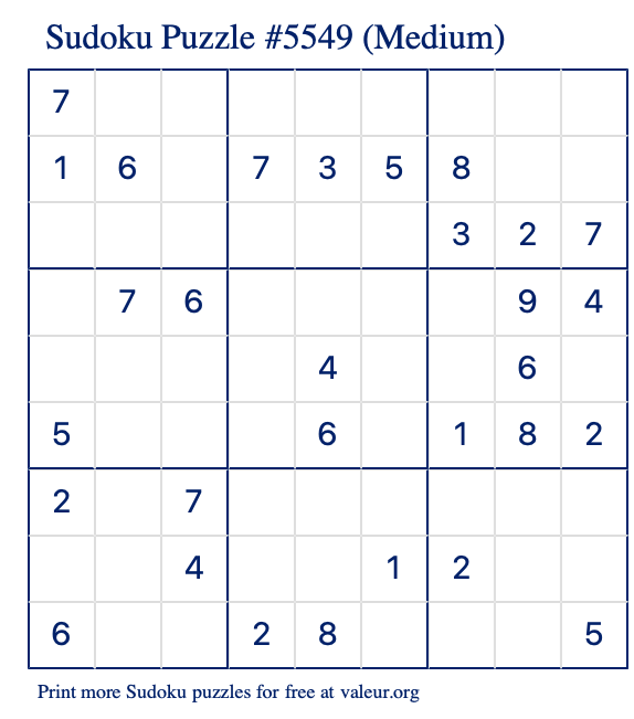 Free Printable Medium Sudoku Puzzle number 5549