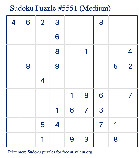 Free Printable Medium Sudoku Puzzle number 5551