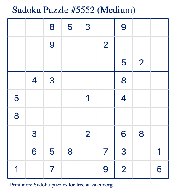 Free Printable Medium Sudoku Puzzle number 5552