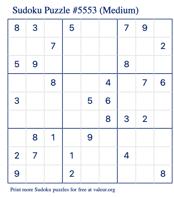 Free Printable Medium Sudoku Puzzle number 5553