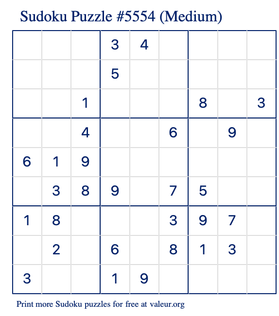 Free Printable Medium Sudoku Puzzle number 5554