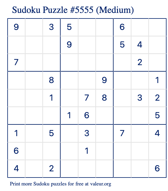 Free Printable Medium Sudoku Puzzle number 5555