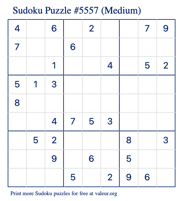 Free Printable Medium Sudoku Puzzle number 5557