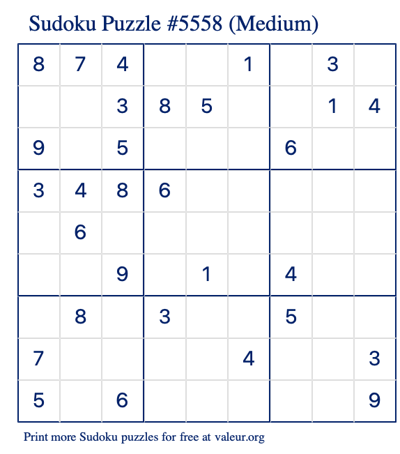 Free Printable Medium Sudoku Puzzle number 5558