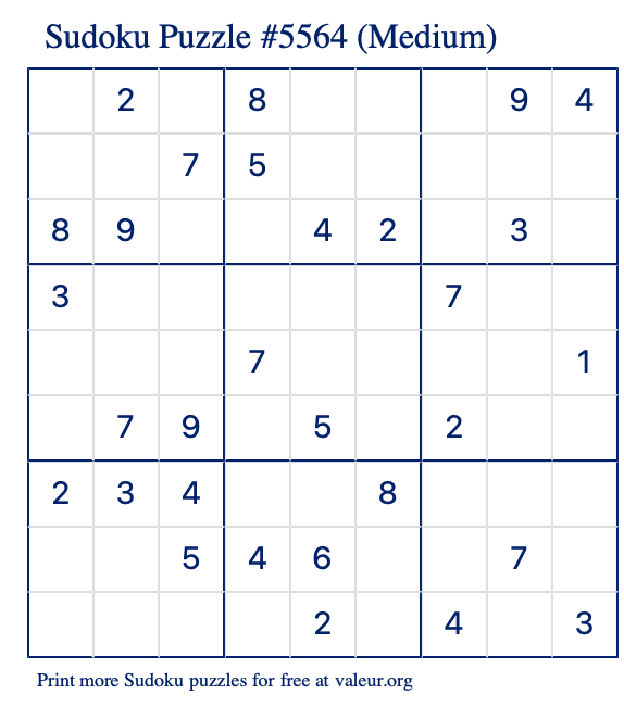 Free Printable Medium Sudoku Puzzle number 5564