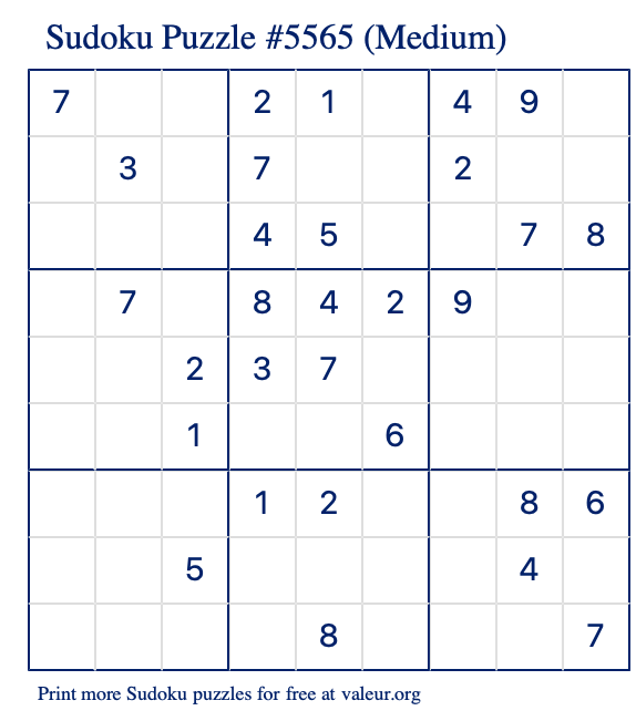 Free Printable Medium Sudoku Puzzle number 5565