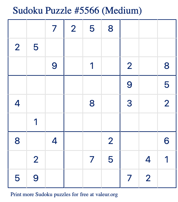 Free Printable Medium Sudoku Puzzle number 5566