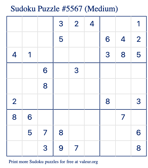 Free Printable Medium Sudoku Puzzle number 5567