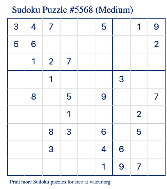 Free Printable Medium Sudoku Puzzle number 5568