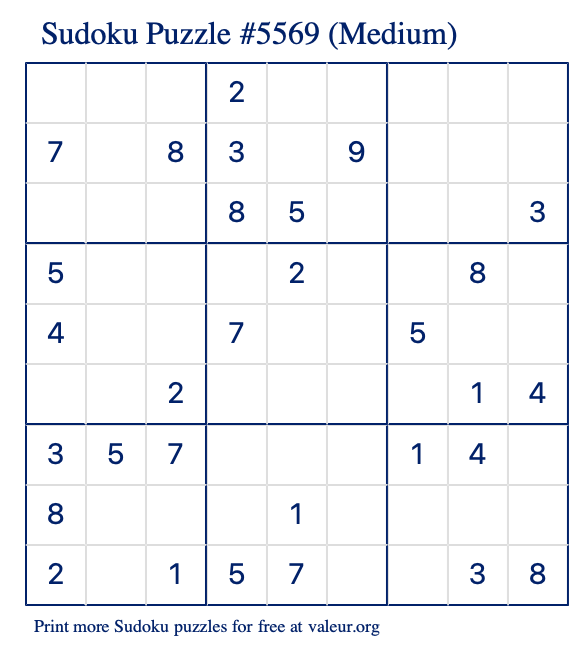 Free Printable Medium Sudoku Puzzle number 5569