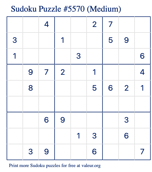 Free Printable Medium Sudoku Puzzle number 5570