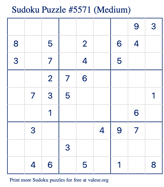 Free Printable Medium Sudoku Puzzle number 5571