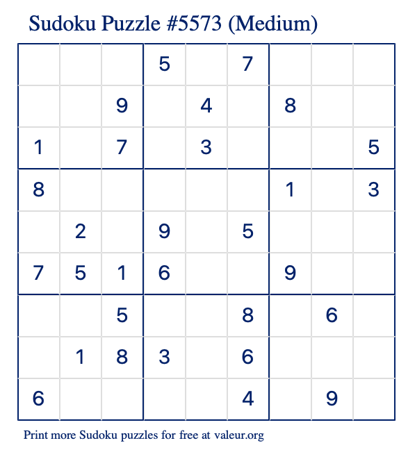 Free Printable Medium Sudoku Puzzle number 5573