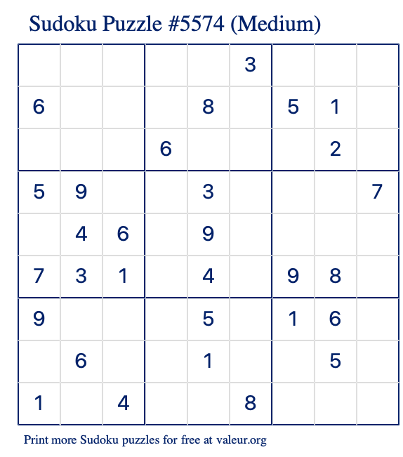 Free Printable Medium Sudoku Puzzle number 5574