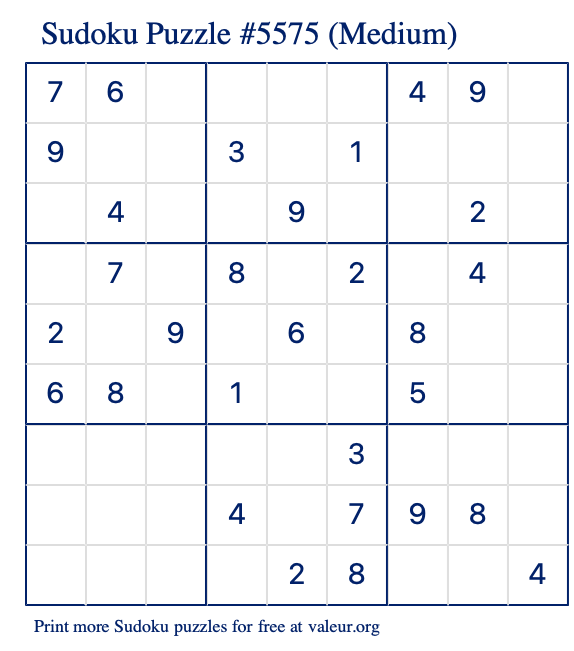 Free Printable Medium Sudoku Puzzle number 5575