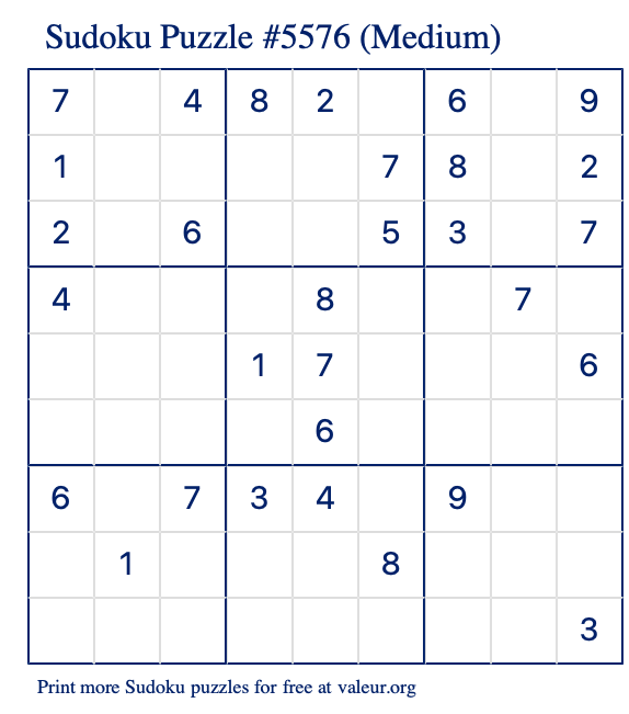 Free Printable Medium Sudoku Puzzle number 5576