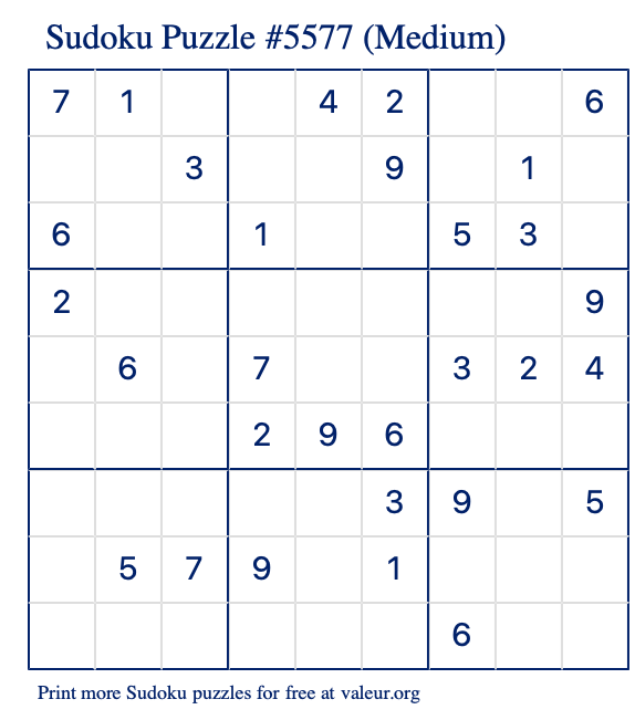 Free Printable Medium Sudoku Puzzle number 5577