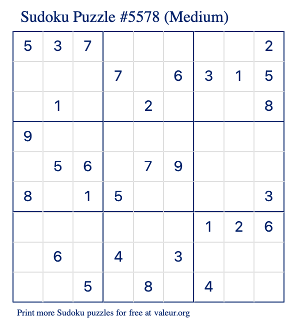 Free Printable Medium Sudoku Puzzle number 5578